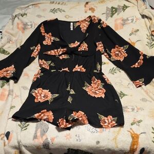 Xhilaration Black Romper with Orange Floral Design